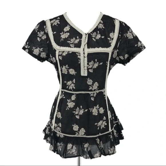 Honey Black White Floral Lace Trim Short Sleeve Blouse Size XL - Picture 1 of 7